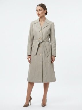 Leda Spain by Gropper Long Leather Trench Coat Belted Beige Size 12